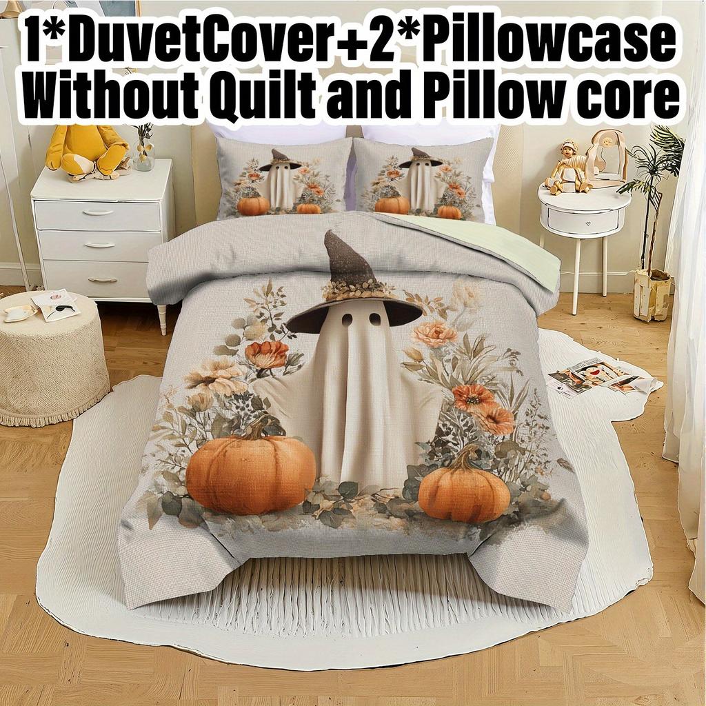 3pcs Halloween Pumpkin Monster Duvet Cover Set Without Core Quilt Cover with 2 PillowcasesSoft and Machine Washable