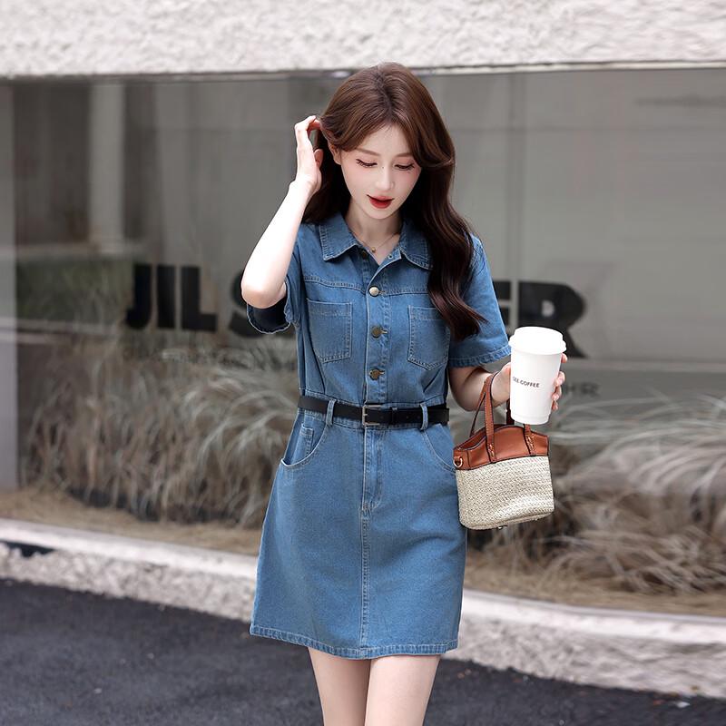 La Chapelle Women's Retro Waist-Cinched Short-Sleeved Denim Dress