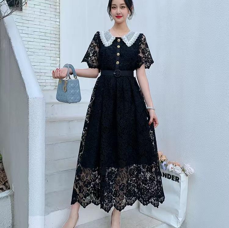 Damen Französisch Süß Farbblock Peter Pan Kragen Slim Fit Midilänge Spitzenkleid