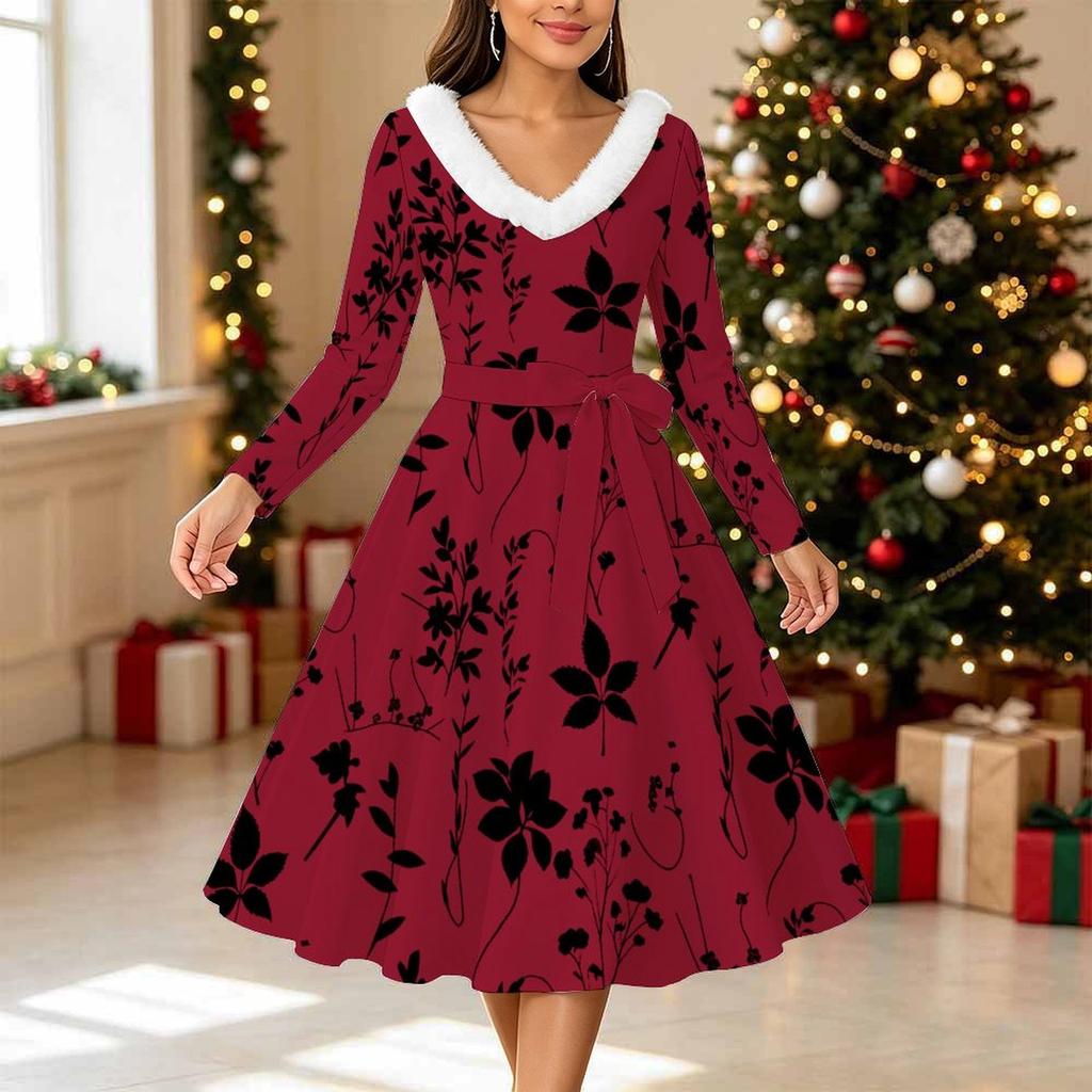 Women Floral Print Midi Dress, Long Sleeve V‑Neck Furry Trim A‑Line Party Dress, Christmas Limited Edition