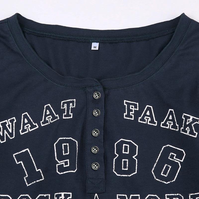 Vintage Top s potiskem písmen Dámský Retro Grunge Knoflíkový Véčkový výstřih Dlouhý rukáv Tričko Podzim Zima Základní Tričko Femme Oblečení