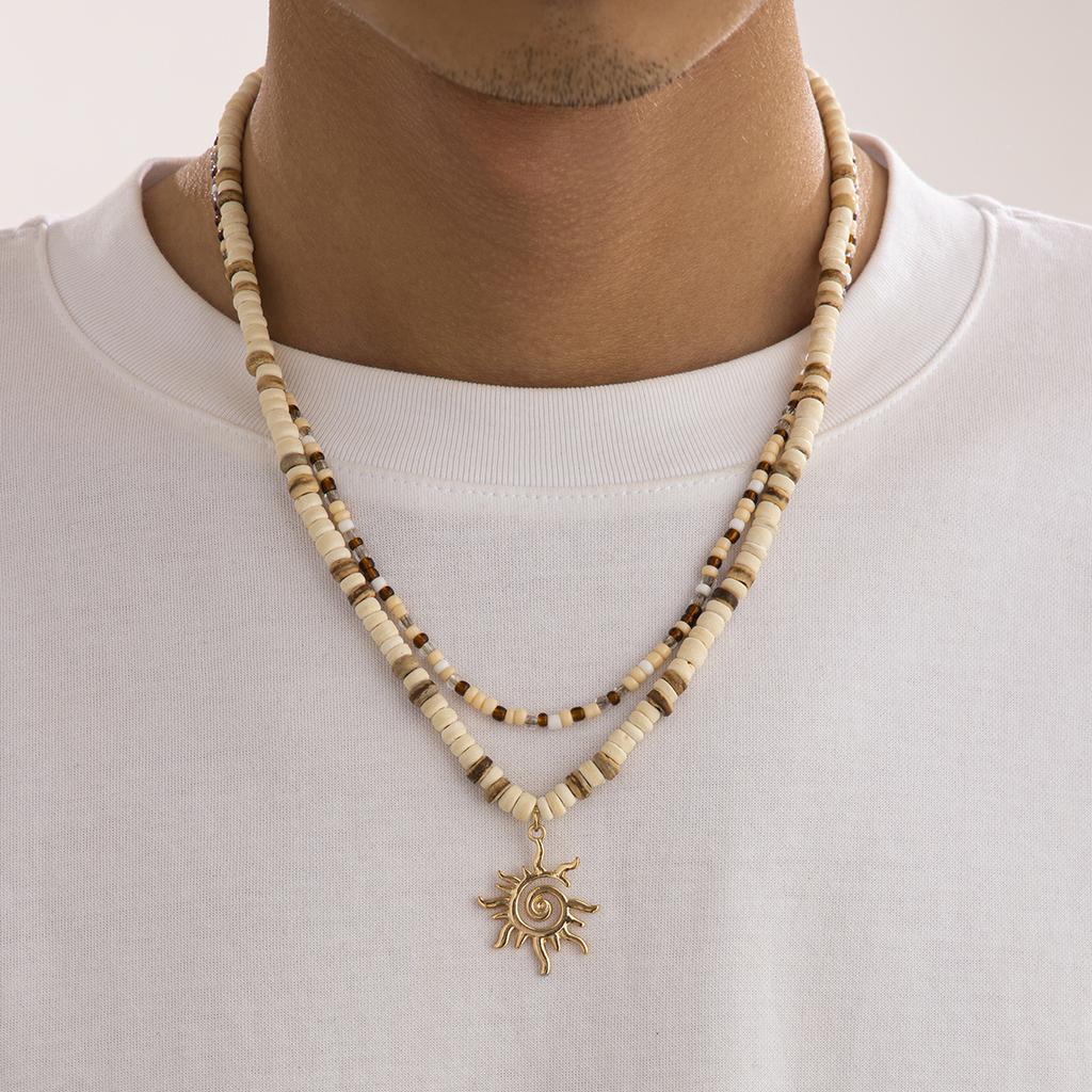 Ingemark 2Pcs/Set Boho Seed Beads Wooden Chain Necklace for Men Collar Goth Sunflower Pendant Choker Aesthetic Y2K Jewelry Gift