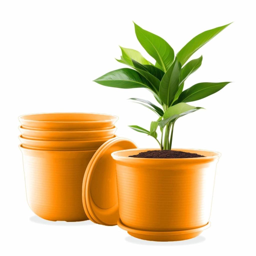 10 Inch Plastic Round Flower Pots with Tray for Home Planters, Terrace, Garden Etc | Pack of 05 | Orange | for Home Indoor & Outdoor Gardening Plants