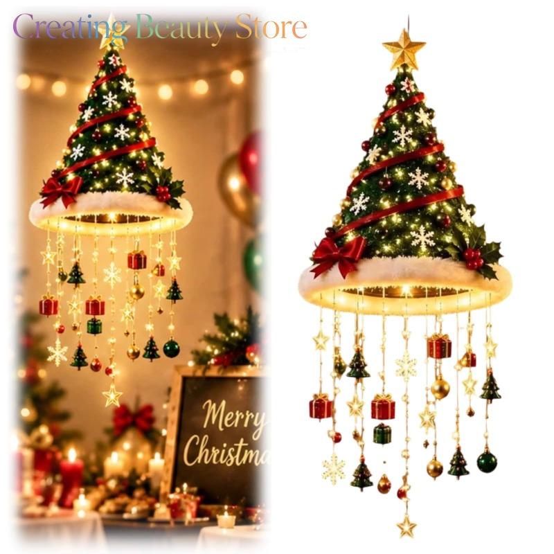 Lighted Santa Hat Hanging Chandelier, Plush Holiday Light Plush red hat a lightweight festive light for porches, tents
