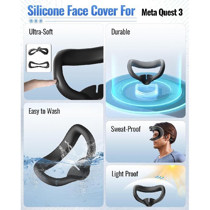 Silicone Face Pad kit for Meta Quest 3, Soft, Durable, Washable,Sweat-Proof,Lightproof Anti-Leakage Face Pad for Oculus/Meta Quest 3. Includes Meta