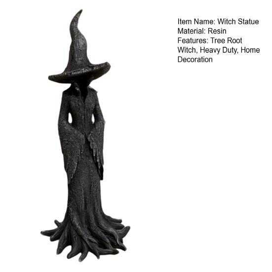 Halloween Tree Root Witch Statue Spooky Black Witch Figurine Resin Sculpture Home Office Holiday Party Decoration Ornament