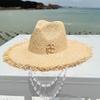 Classic Summer Raffia Straw Hat Lady Beach Panama Wide Brim Sun Hat Vacation Chain Pearl Jazz Handmade Designer Fascinator Hat