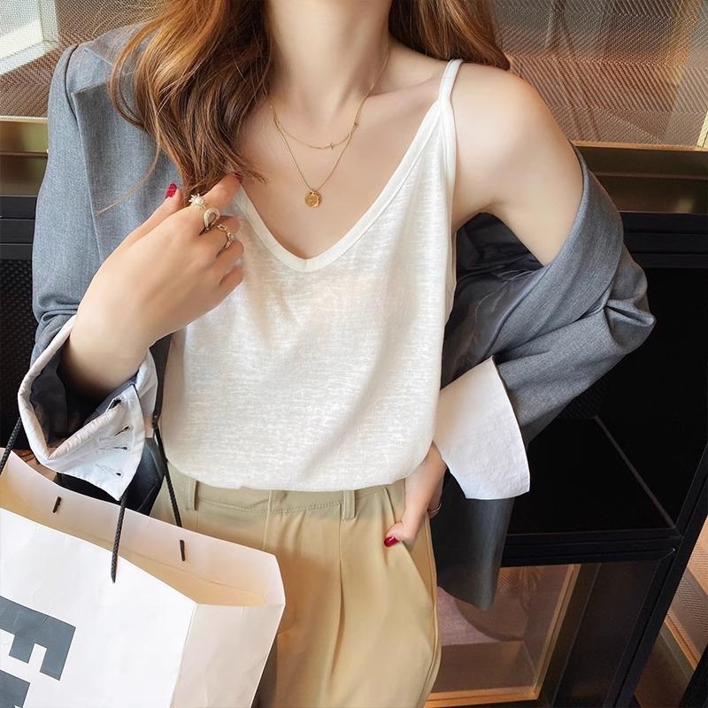 Women V-neck Spaghetti Strap Camisole Casual Solid Color Bamboo Cotton Lightweight Tank Top