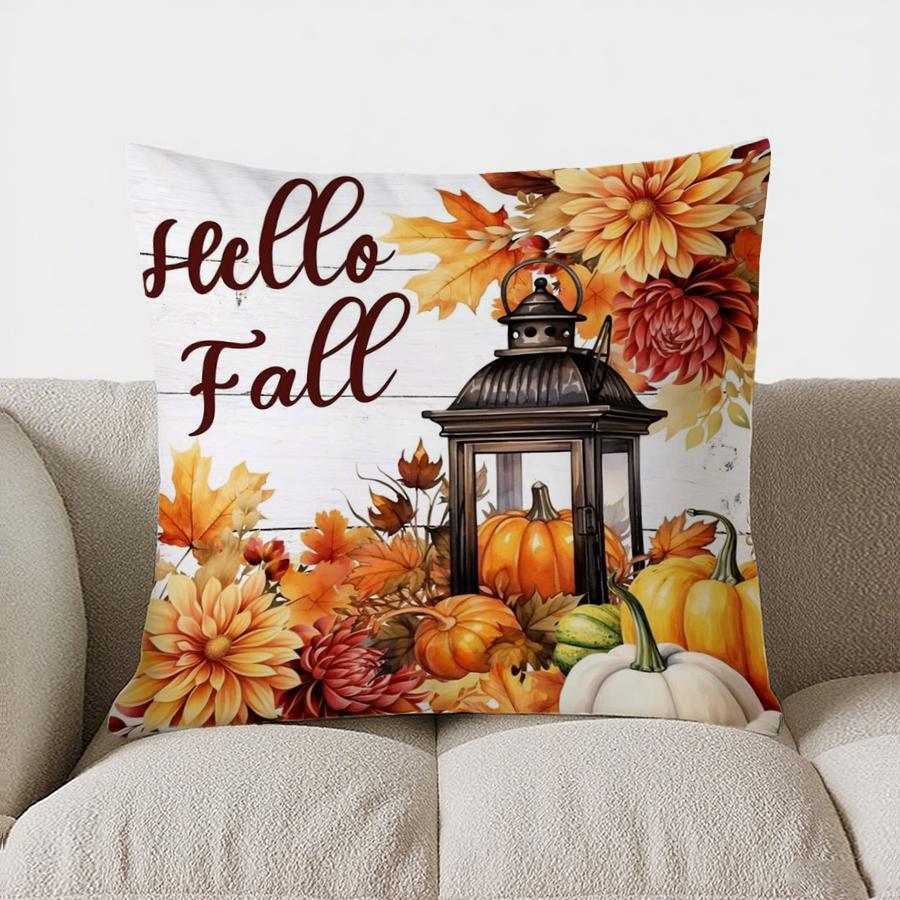 Home Decor Hello Fall: Lantern & Autumn Floral Pillow Pattern Cushion Cover Suitable For Sofa Bedroom Car Pillow Cover