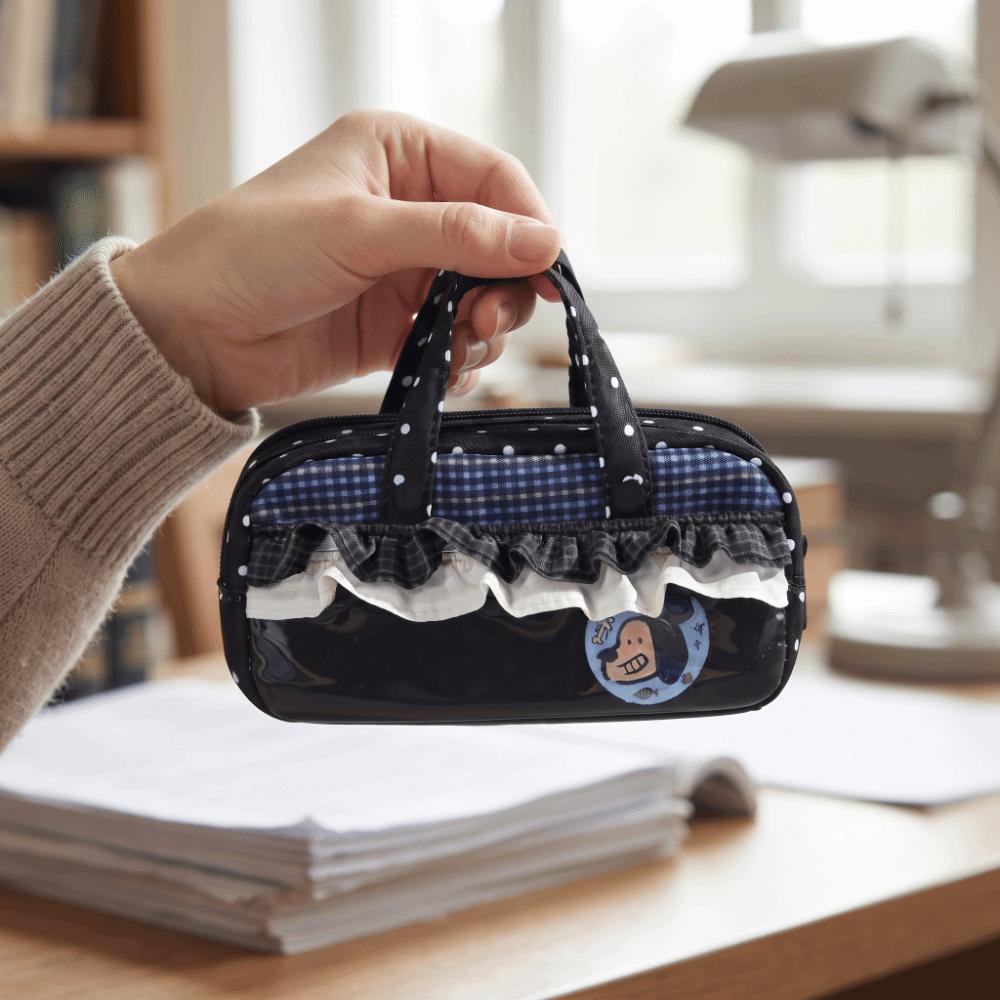Plaid Polka Dot Lace Pencil Case Multi-Layer Lace Stationery Bag Lace Stationery Pouch Gift Giving