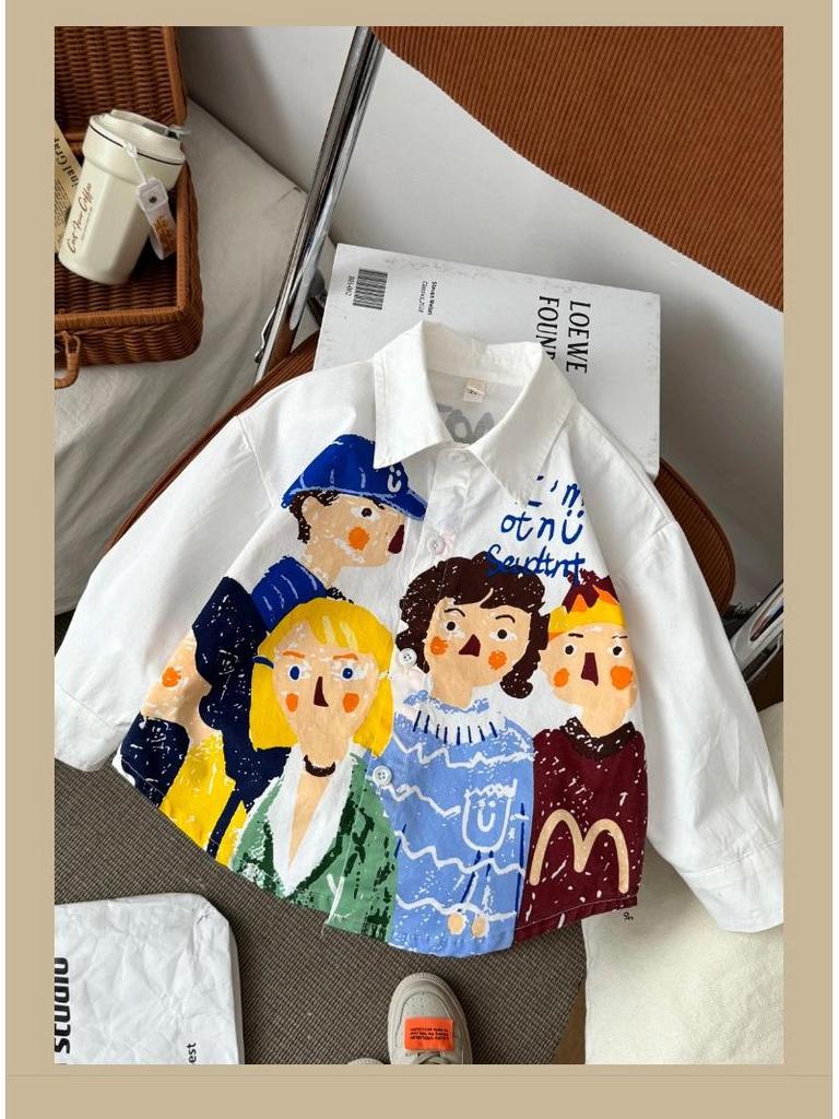 2025 Boys' Spring Cartoon Long-Sleeve Shirt - Korean Style Casual Cotton Top