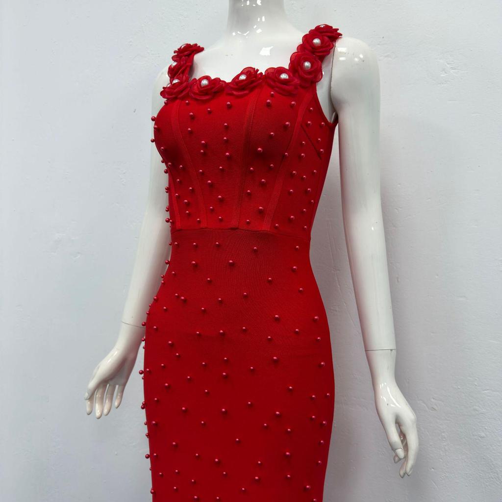 Elegante Vestido de Noite Bandage Quadrado com Alças Finas e Contas