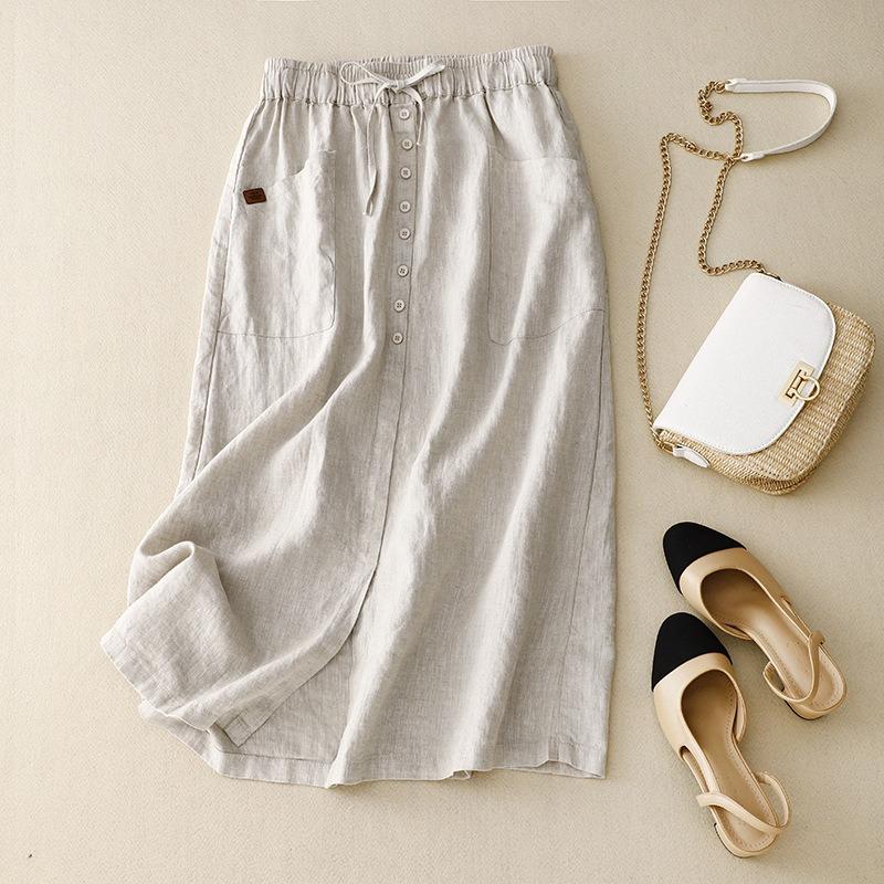 

Spring New Style Artistic Cotton and Linen Lace Up Mid Long Versatile Elastic Waist Skirt M хаки