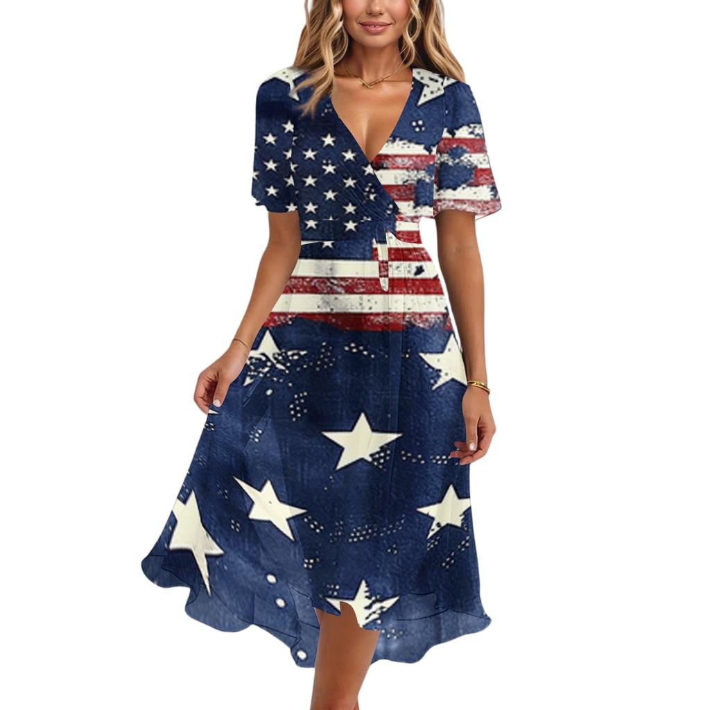 Women's Casual V-Neck Short-Sleeve Independence Day Print Dress