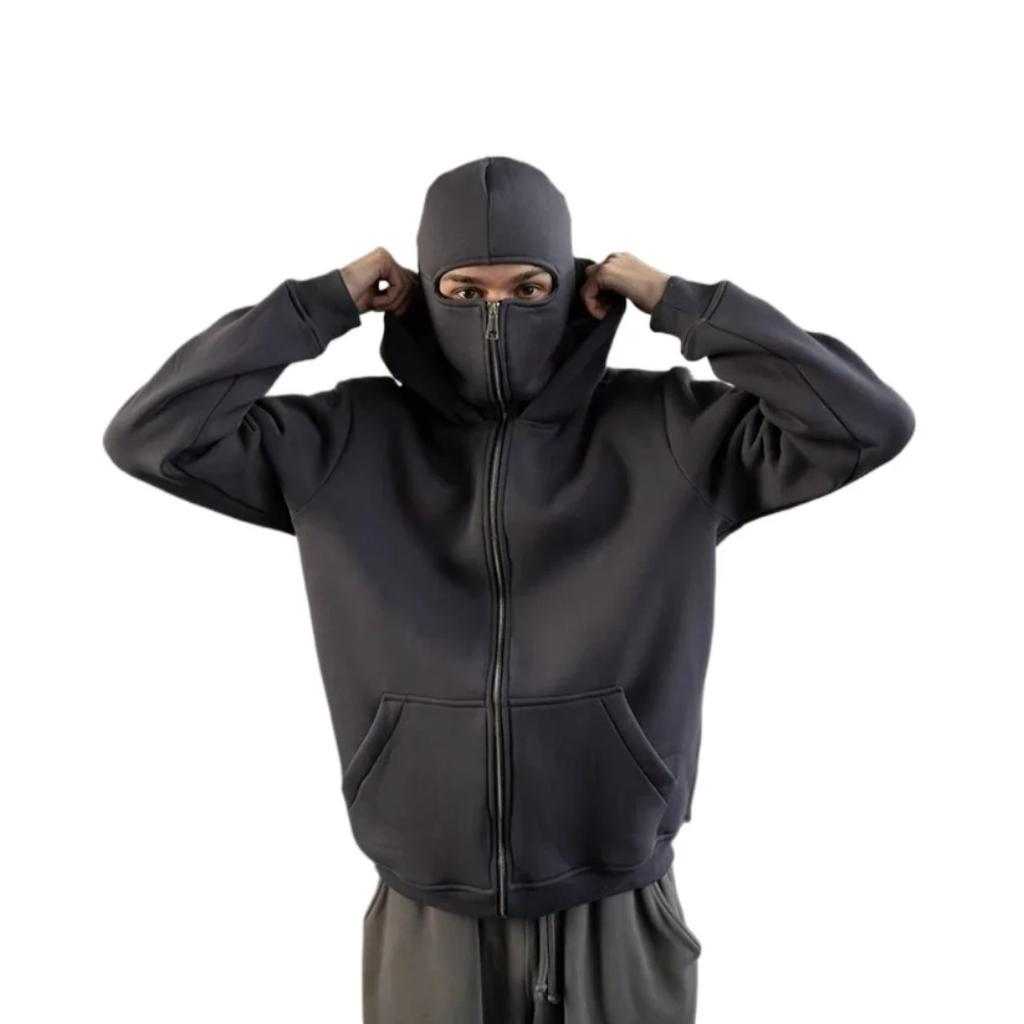 STREETRICH Herren und Damen Sturmhaube Y2K Gothic Harajuku Winter Neuheit Sweatshirt mit doppelter Kapuze Maske mit Reißverschluss Sportbekleidung