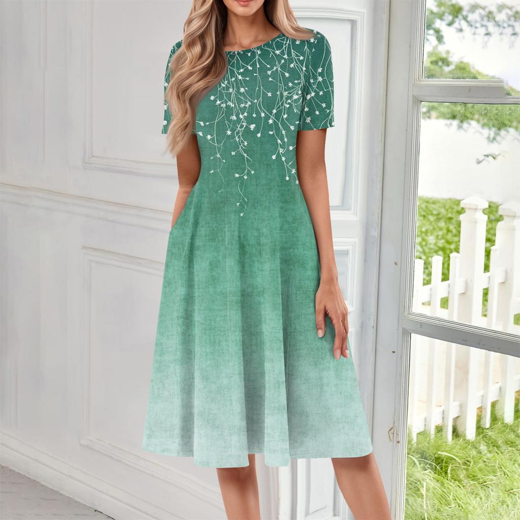 Rochie midi ocazională cu mâneci scurte cu gât rotund și imprimeu