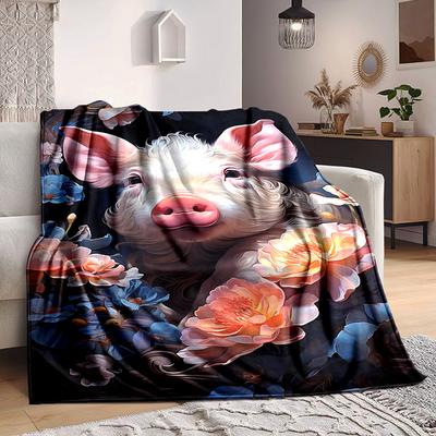 1pc Pig Floral Print Blanket Lightweight Flannel Blanket Throw Blanket For Sofa, Bed, Travel, Camping, Livingroom, Office, Couch, Chair, And Bed Yy251