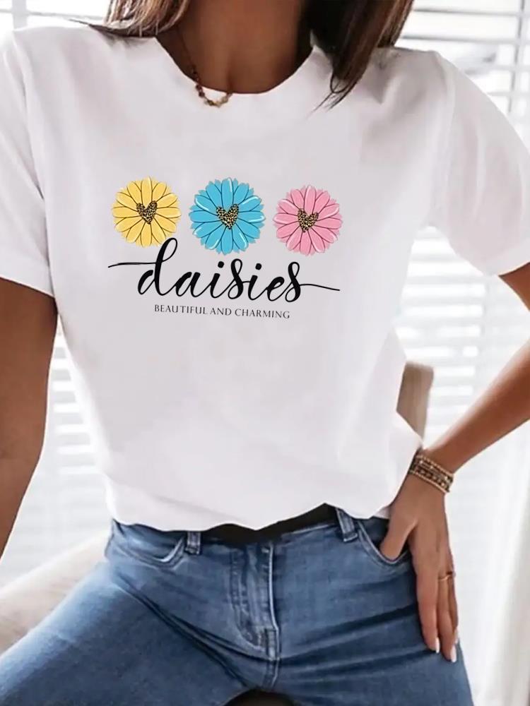 (Asian Size) Print Women Clothing Tee Top flower lovely trend Woman Short Sleeve T Shirt Fashion Female Graphic T-shirts