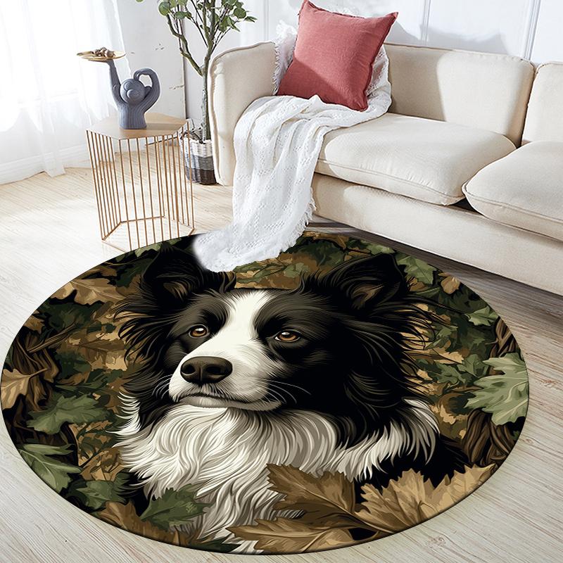 Tappeto rotondo con motivo Border Collie e Piante, Tappeto per Soggiorno Camera da Letto Sala Giochi, Tappetino Antiscivolo, Regali per le Feste e Regali di Compleanno.