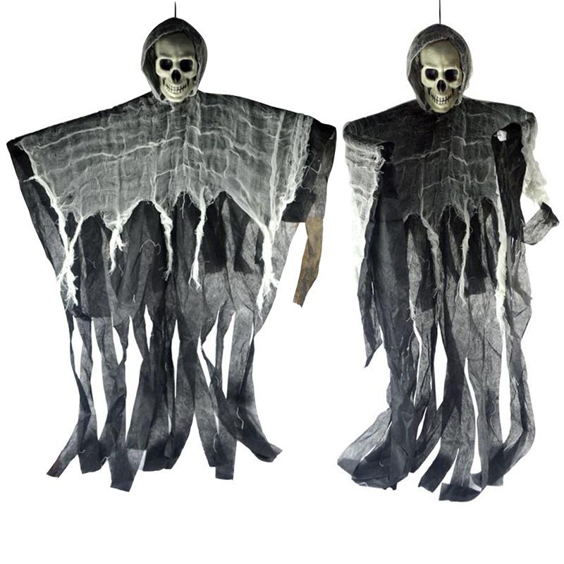Durable 100cm Halloween Skeleton Hanging Reaper With Realistic Skull And Hood