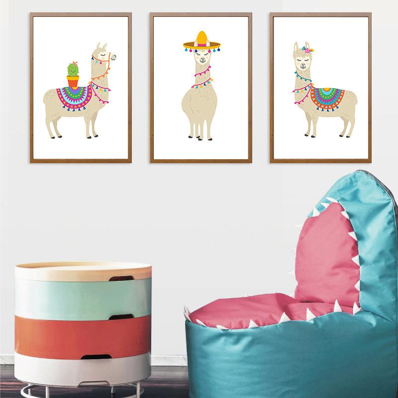 Cute Cartoon Animal Alpaca Camel Children Room Decorative Painting Home Bedroom Decorative Modern Oil Painting Wall Art Canvas