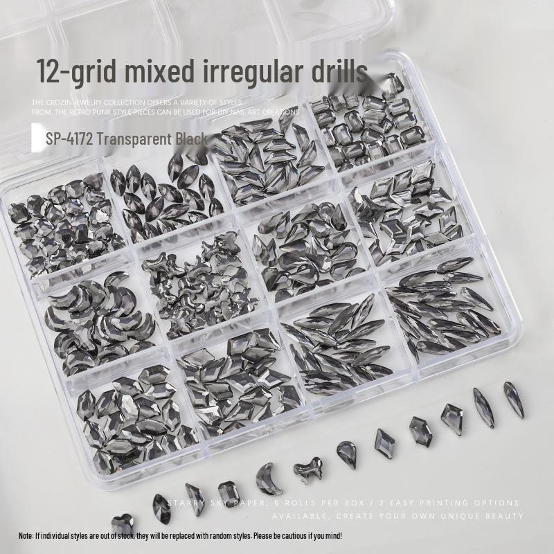 Nail Art Irregular Rhinestones: 12-Grids Mixed Color Flat Back Resin Gems