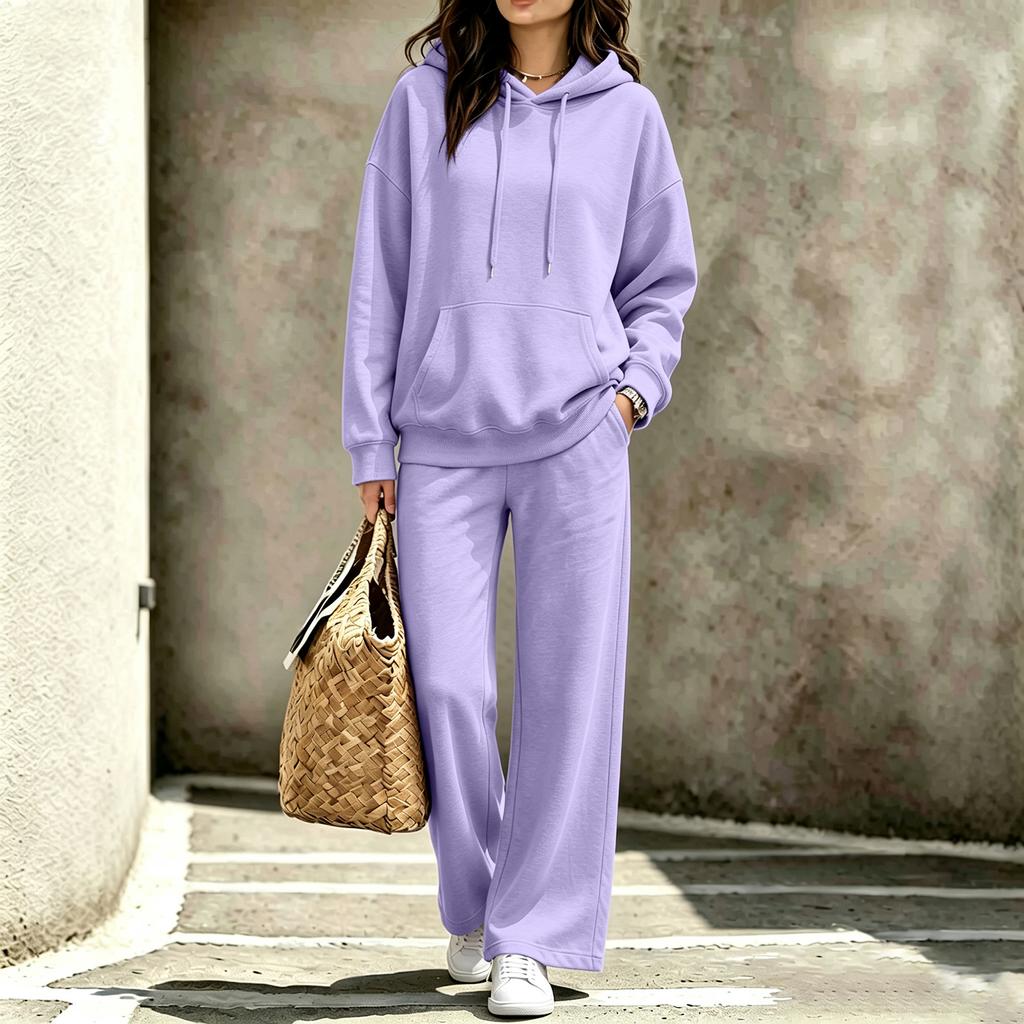 Women's Casual Hooded Sweatshirt and Pants Set with Pockets for Fall and Winter