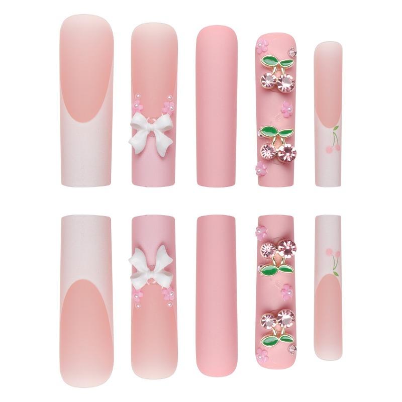 Super long water pipe wearing armor with diamonds, bow cherry flower white French detachable finished fake nail patch