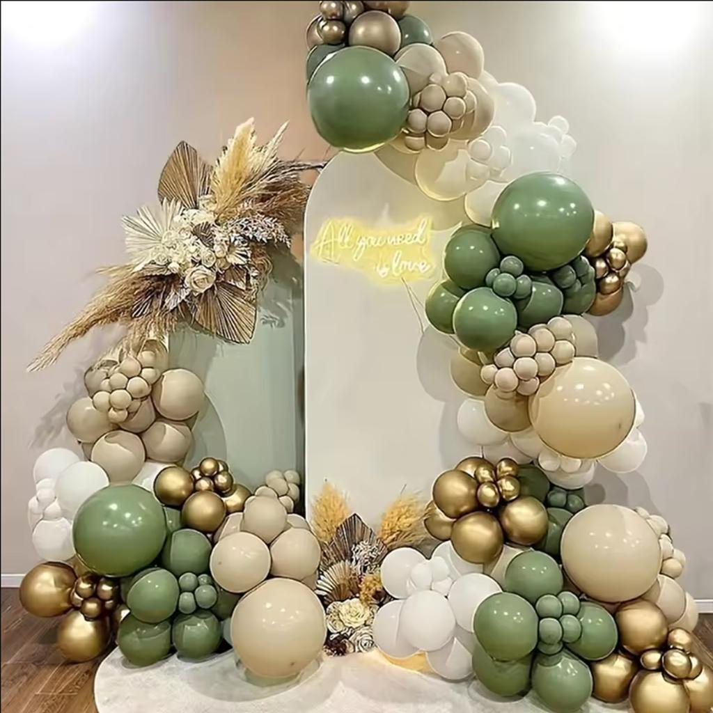 152PCS Green, Sand White, and Metal Balloon Set, Suitable for Decorating Weddings, Birthdays, Parties, and Bachelorette Parties