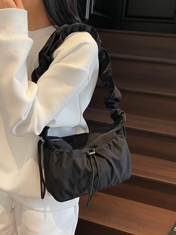 Nylon Shoulder Bag For Women With Drawstring Closure And Wrinkled Design For Daily Casual Wear