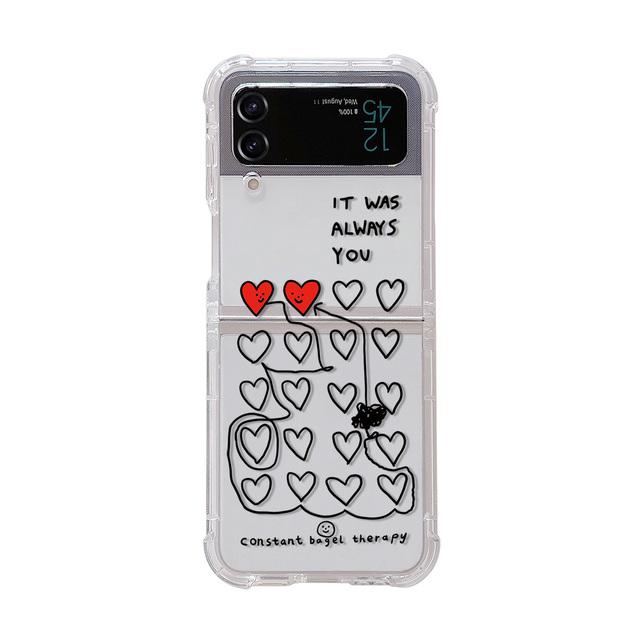 For Samsung Galaxy Z Flip 4 3 Case Love Heart Pattern Painted Transparent Silicone Bracelet Folding Shockproof Cover Accessories
