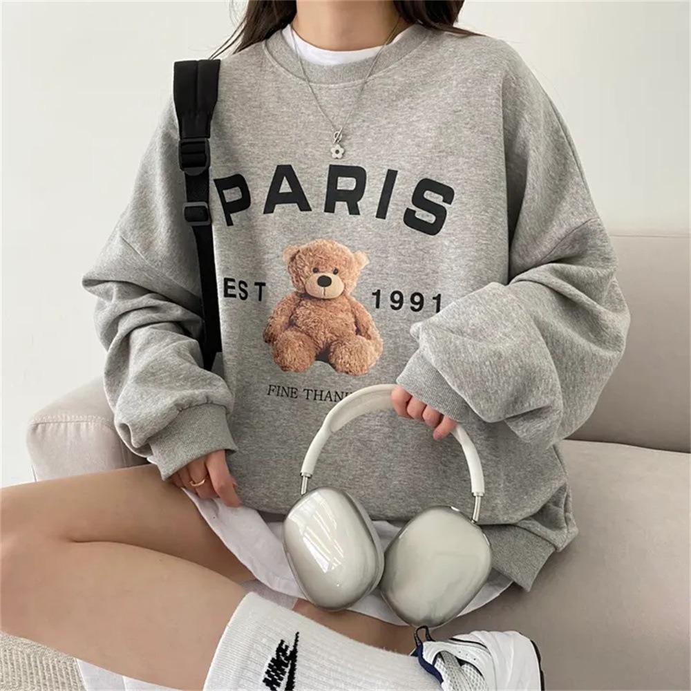 Women's Crew Neck Long Sleeve Sweatshirt Oversized Bear Letter Print Loose Casual Pullover For Spring Autumn Winter