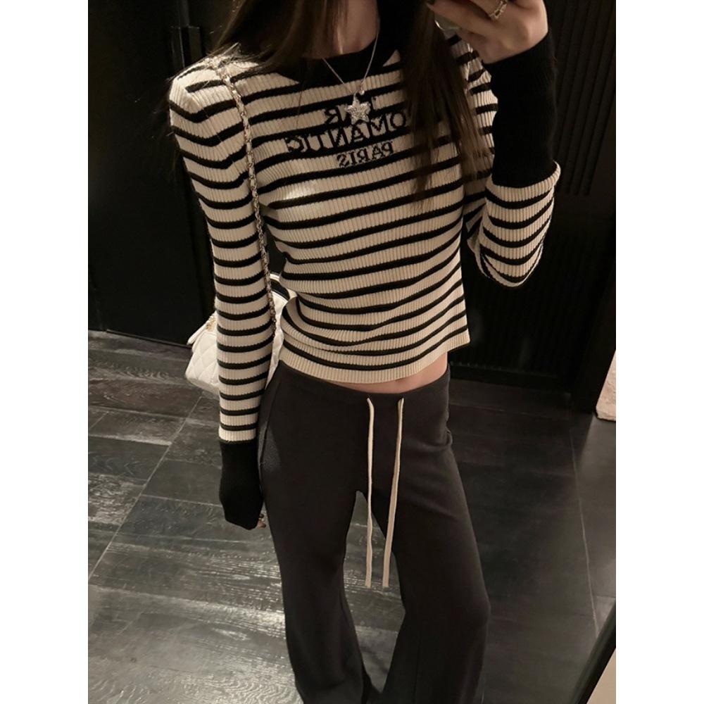 Striped Contrasting Color Slim-fit Short Knitted Sweater Women's Autumn and Winter New Inner Long-sleeved Bottoming Design Slim-fit Top