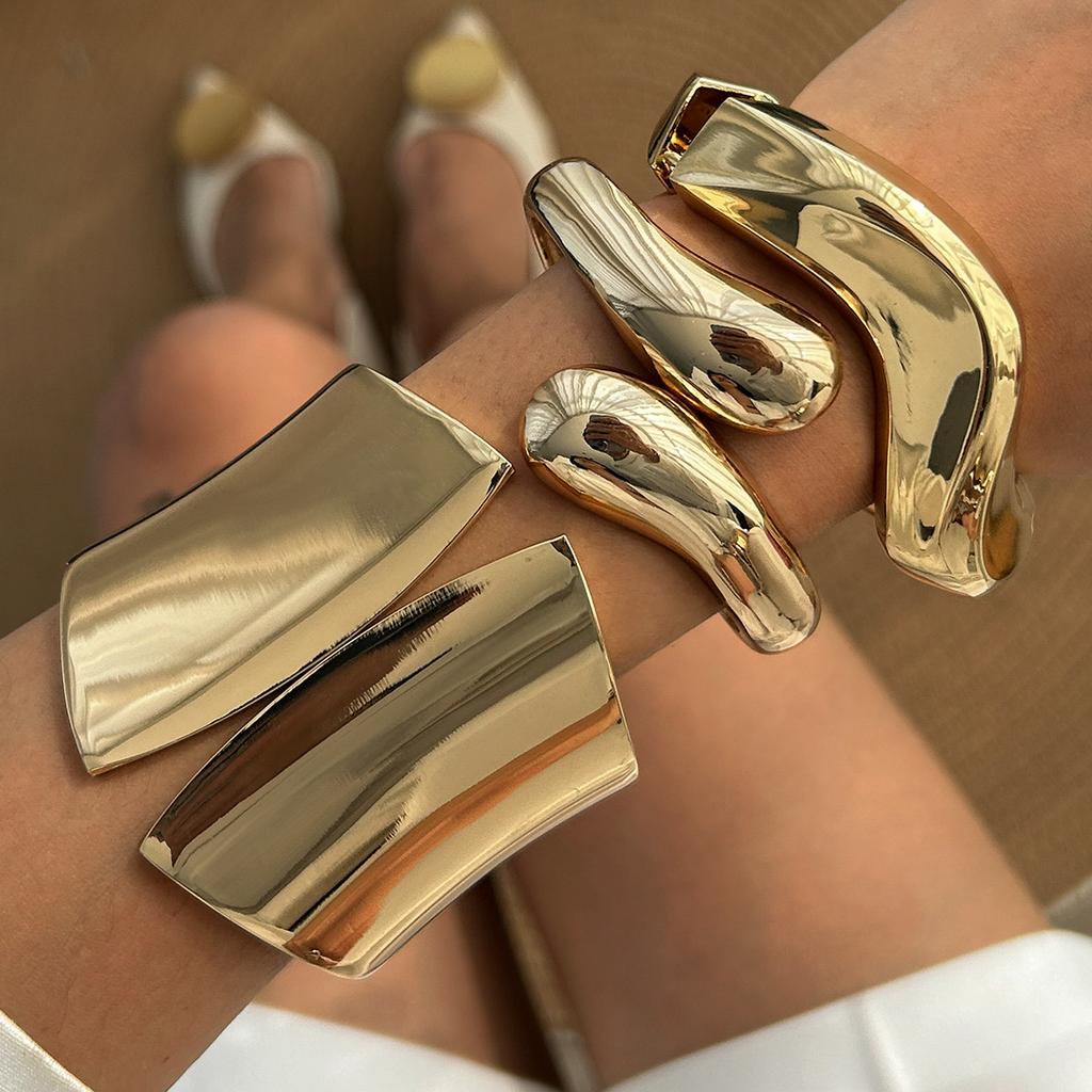 Wide Large Stainless Steel Alloy Silver Plated Asymmetric Geometric Big Cuff Bangle Bracelet Punk Simple Bangles Women