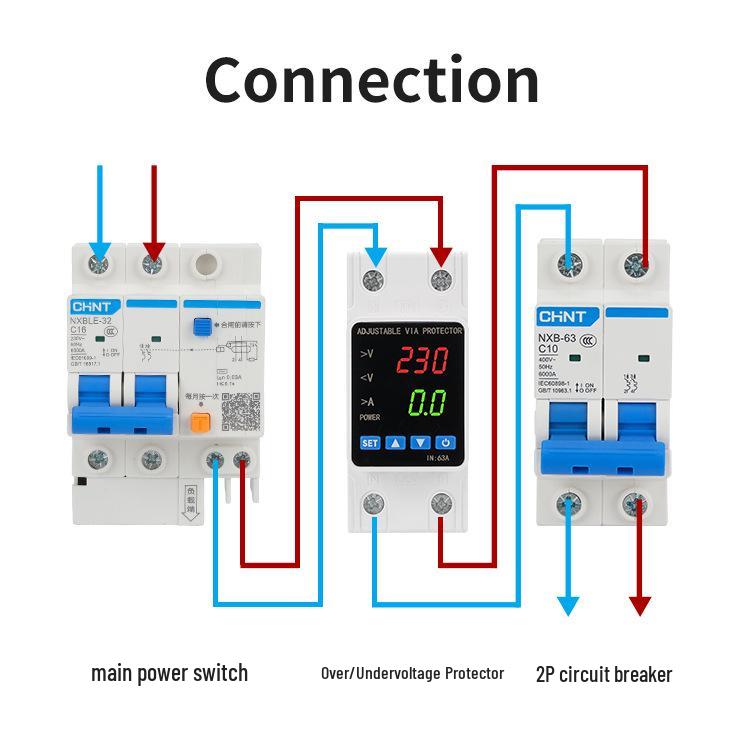Doppelanzeige Einphasen-Spannungsschutz, Einstellbarer Strom, Über-/Unterspannung, Automatischer Reset, 110/230V.