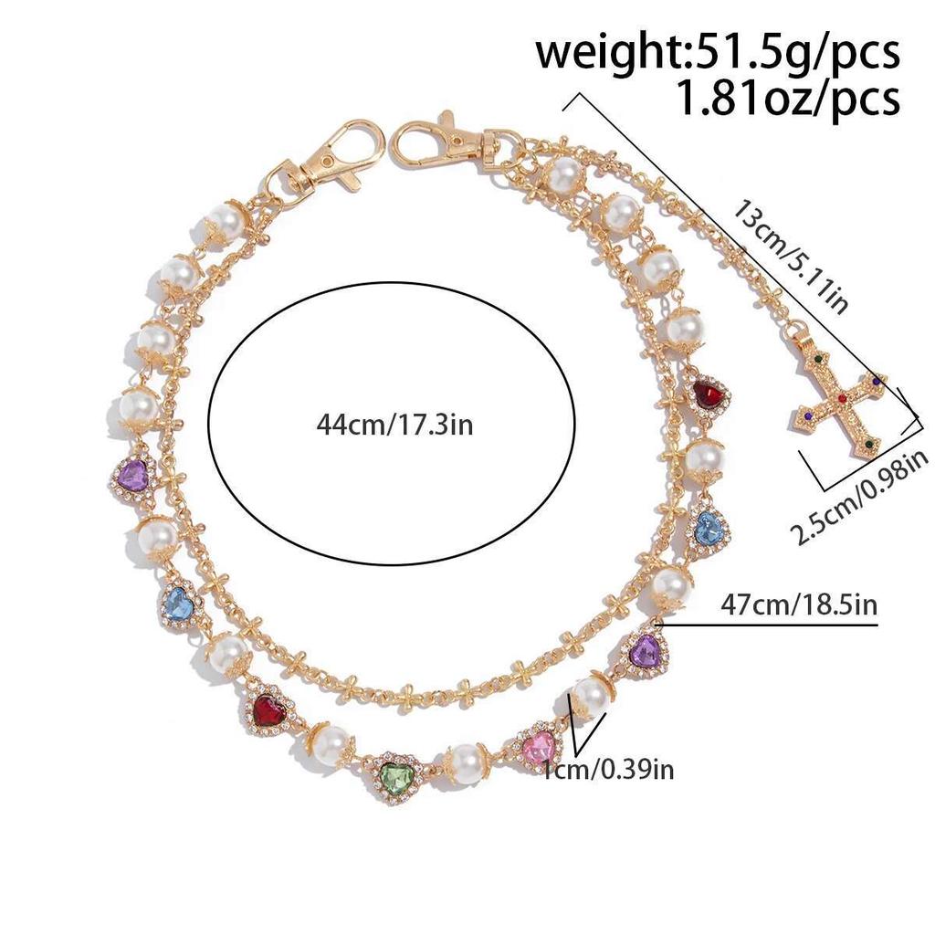 PuRui Double Layer Jesus Cross Pendant Jeans Pant Alloy Chain Men Fashion Love Heart Colorful Rhinestone Belt Chain Y2K Zircon