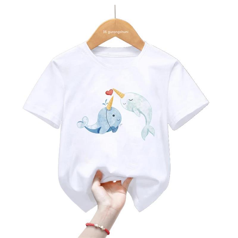 Summer Collection Watercolor Narwhal Print Tshirt for GirlsBoys Rainbow Kids Boys and Girl Clothes TOPS Fashion Modal Fabric