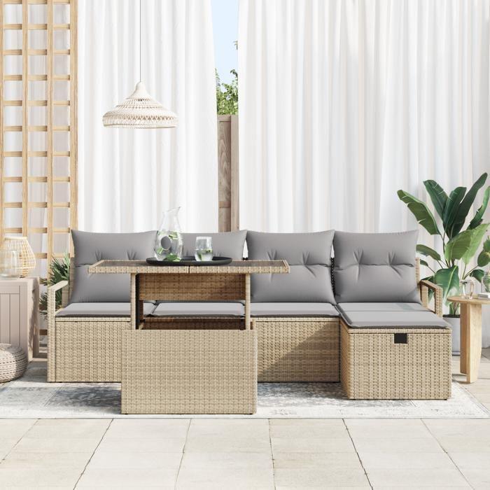 Ensemble de 6 pièces de canapés de jardin avec coussins beige poly rotin, Canapé de jardin 2 places avec rangement 3361119