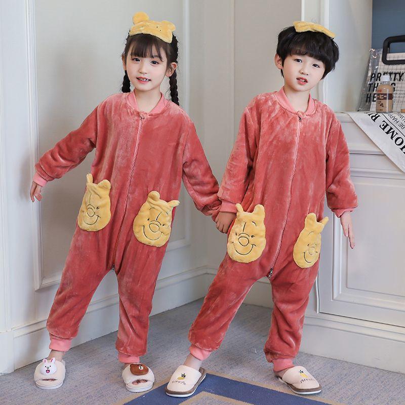 Thick Flannel Kids Pajamas One-Piece Sleepwear Boys Girls Winter Warm Home Suit Cartoon Print