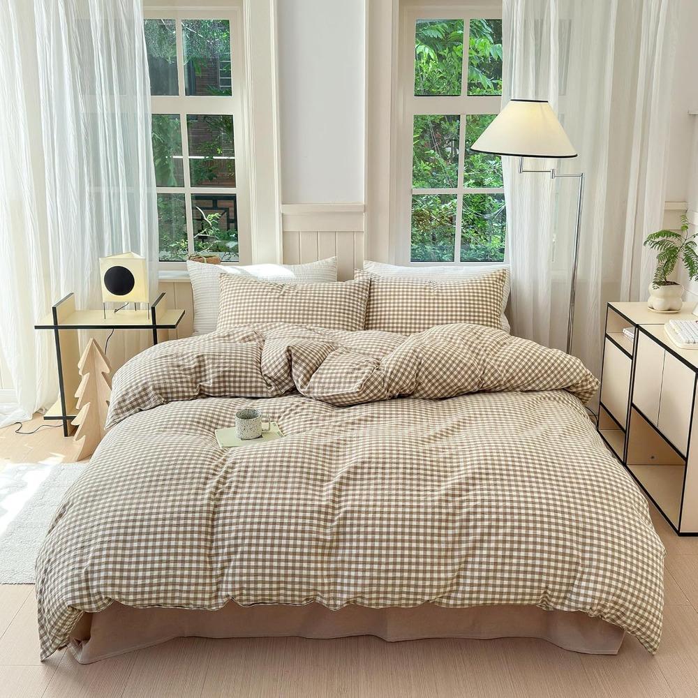 Tan Gingham Grid Duvet Cover Queen 3 Pieces Beige Plaid Duvet Cover 100% Washed Cotton Boho Plaid Comforter Cover with 2
