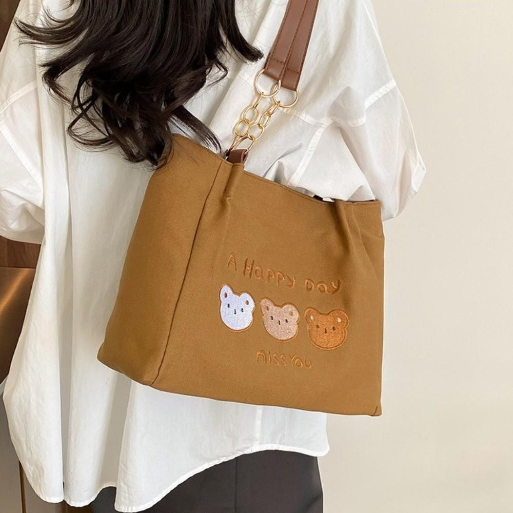 Printed Cartoon Tote Bag Korean Style Canvas Handbag Temperament Bear Shoulder Bag Office Worker