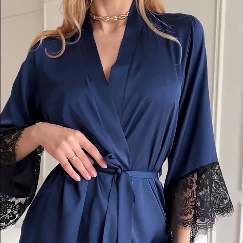 1011 spring popular satin sexy lace long-sleeved nightgown loungewear simple and comfortable casual approval