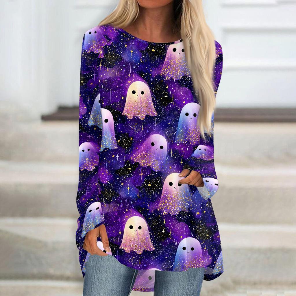 Women's Long Sleeve Round Neck Halloween Print Tunic T-Shirt for Casual Fall Fashion