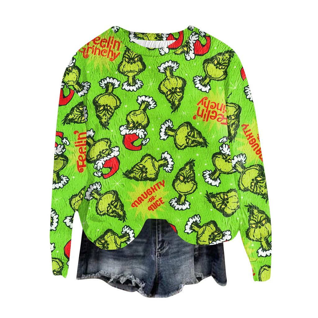 Women's Fashion Round Neck Pullover Top Long Sleeve Tee Christmas Printed Sweatshirt