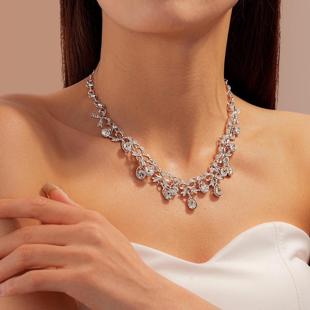 2 pieces Water Drop Rhinestone Jewelry Set Inlaid Crystal Necklace Set Necklace Earrings Set  Women