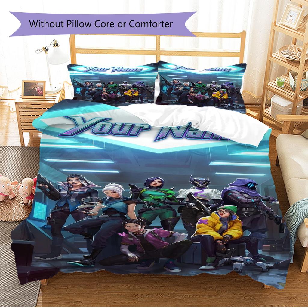 Name Custom Valorant Game Pattern Bedding Set Quilt Cover Pillowcase Home Decor Gift (1 * Duvet Cover + 2 * Pillowcase, Without Core)