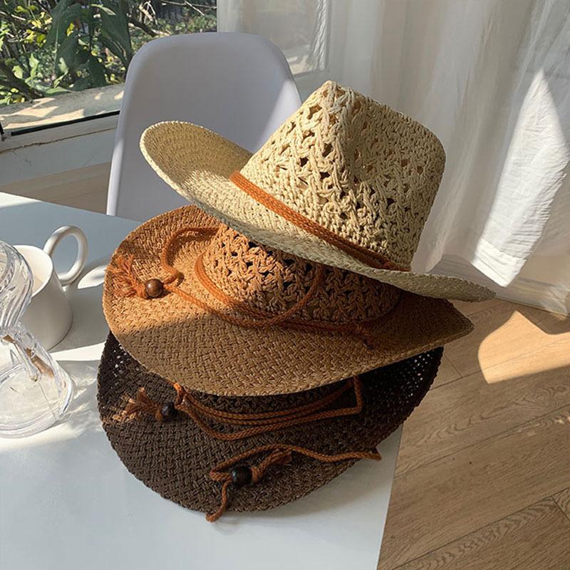 Western Cowboy Panama Hat For Men Women Summer Mesh Breathable Grass Handwoven Straw Hats Travel Tour Sunscreen Cap