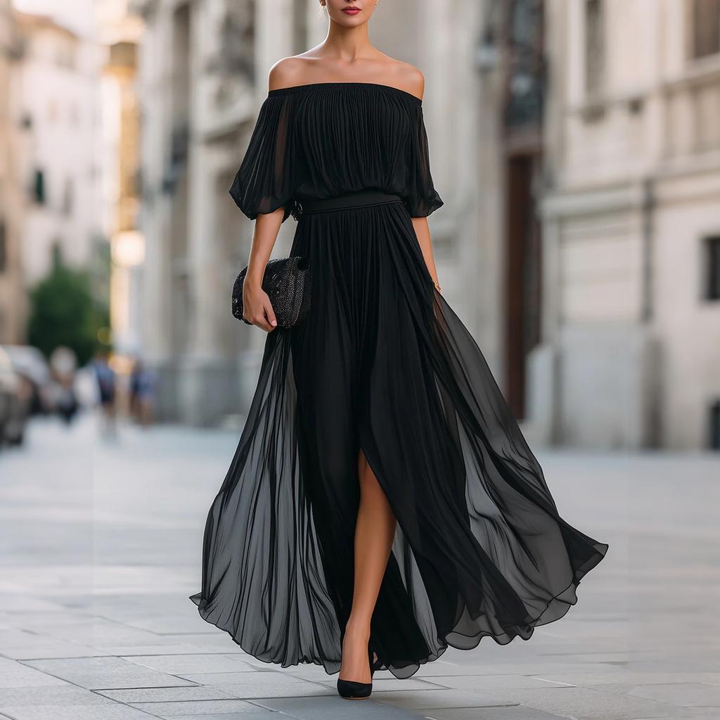 Off Shoulder Pleated Chiffon Maxi Dress for Women Elastic Waist Half Sleeve Long Evening Gown with Slit