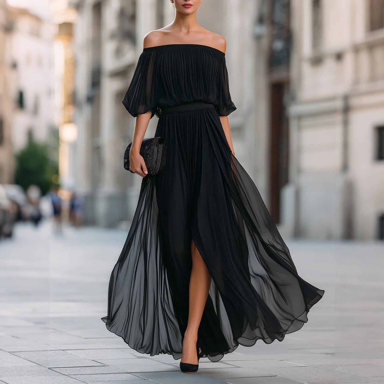 

Off Shoulder Pleated Chiffon Maxi Dress for Women Elastic Waist Half Sleeve Long Evening Gown with Slit XXL