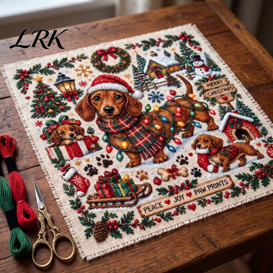 Holiday Animal Needlepoint Patterns Christmas Cross Stitch Kit, Embroidery Starter Seasonal Handmade Present for Friends Pattern, Festive Craft
